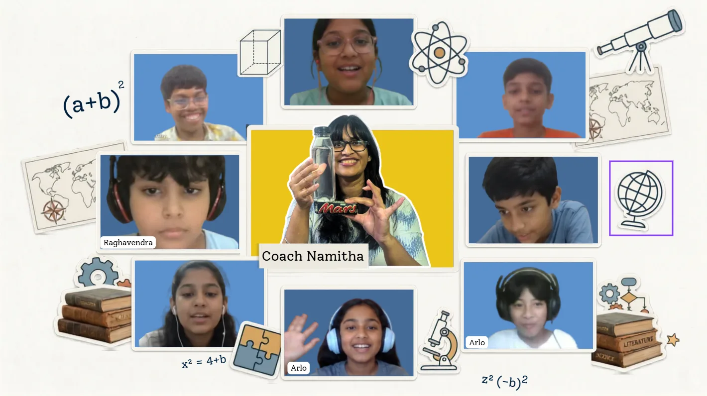 Eight students and their coach in a StayQrious online pod